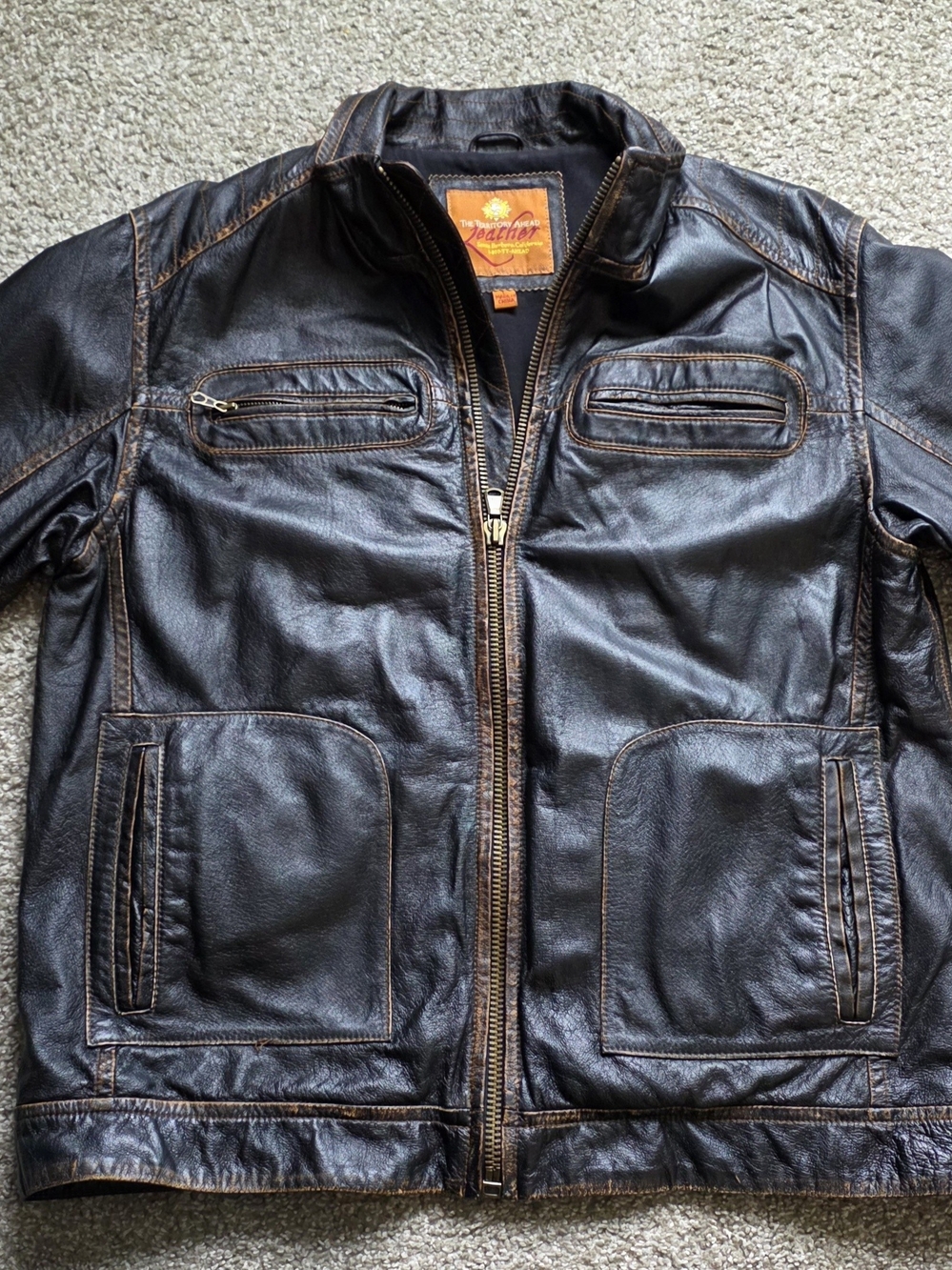 The Territory Ahead Distressed Brown Leather Bomber Jacket